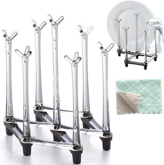 Retractable Cup Drying Rack, Drinking Glass and Sports Bottle Drainer Stand, Plastic Bag Dryer with Non-Slip Bottom for Kitchen Countertop
