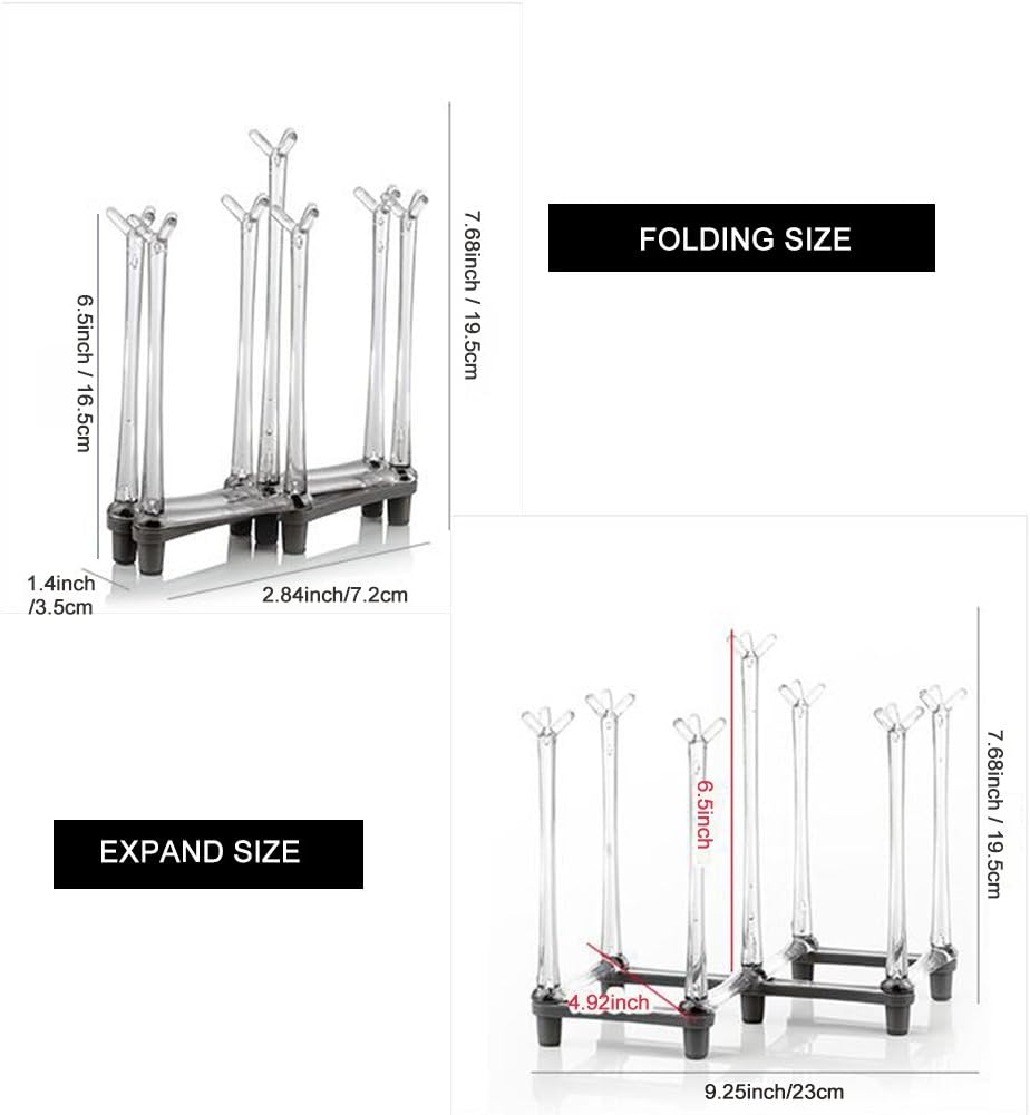 Retractable Cup Drying Rack, Drinking Glass and Sports Bottle Drainer Stand, Plastic Bag Dryer with Non-Slip Bottom for Kitchen Countertop