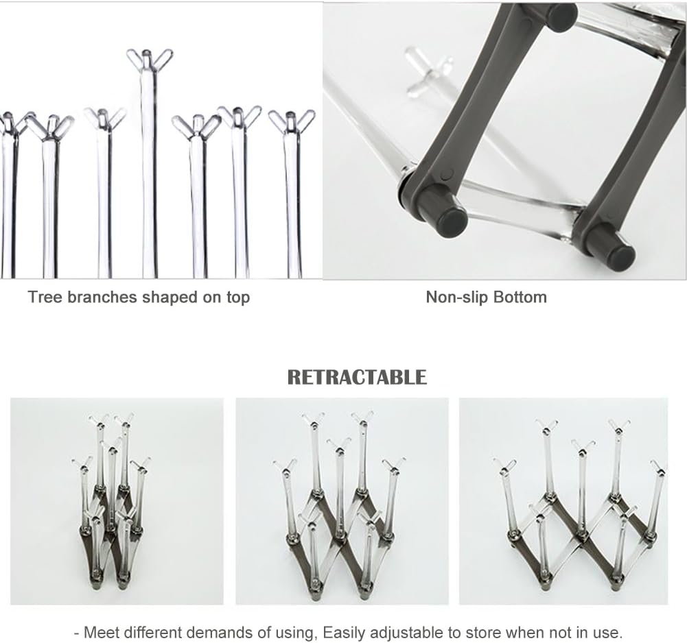 Retractable Cup Drying Rack, Drinking Glass and Sports Bottle Drainer Stand, Plastic Bag Dryer with Non-Slip Bottom for Kitchen Countertop