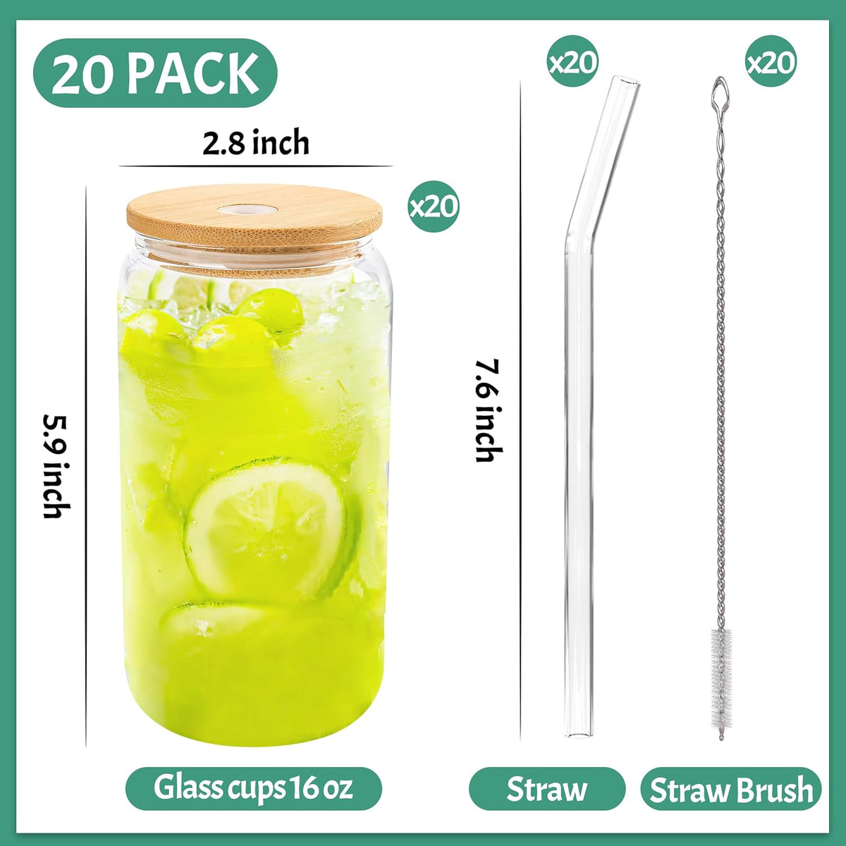 20Pcs Glass Cups with Bamboo Lids and Straws Bulk 16 oz Can Shaped