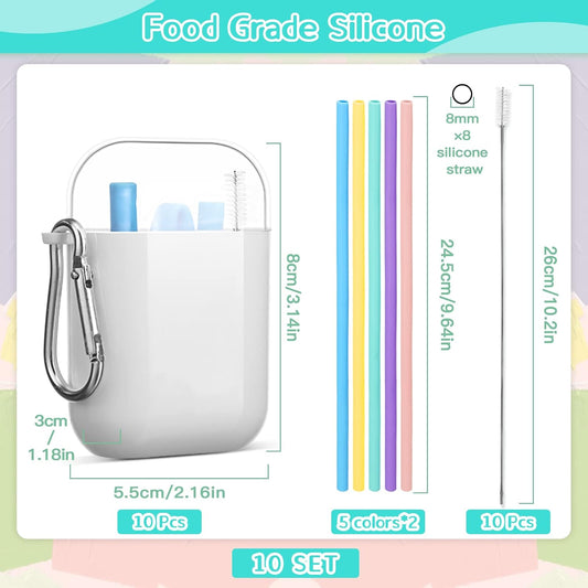 10 Set Silicone Travel Straws with Case Reusable Straws Foldable Drinking Straw Collapsible Portable Straw Set for Party Cold or Hot Straw with 10 Carry Cases 10 Cleaning Brushes 10.2 Inch Long