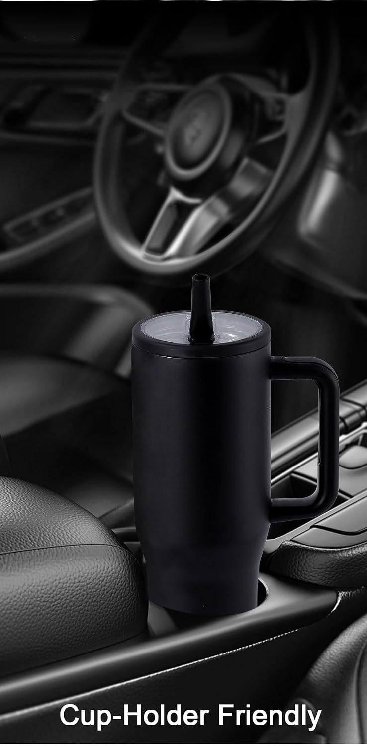 40 oz Tumbler with Handle, 100% Leakproof Insulated Tumbler with Lid and Straw, Stainless Steel Travel Mug, Water Bottle with Flip Straw, Keep Drinks Cold or Hot, Black