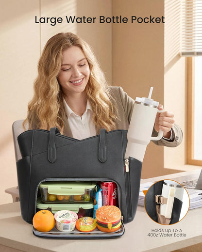 Lunch Bag for Women,2 in 1 PU Work Tote Bag with Lunch Compartment with Giant Tumbler Side Pocket, 15.6" Laptop Tote Bag with Padded Sleeve for Teacher,Nurse,College