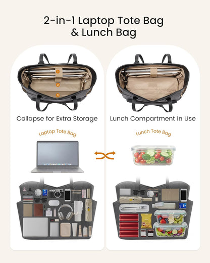 Lunch Bag for Women,2 in 1 PU Work Tote Bag with Lunch Compartment with Giant Tumbler Side Pocket, 15.6" Laptop Tote Bag with Padded Sleeve for Teacher,Nurse,College