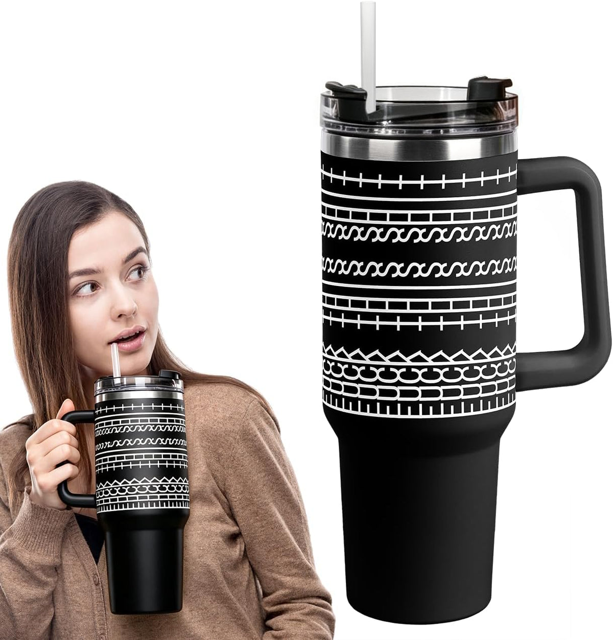 40oz Stainless Steel Insulated Tumbler With Lids And Straws, Travel Tumbler | Black, Large Tumbler With Handles, Hot Cold Coffee Drinking Cup Mug, Water Bottles, Unique Birthday Gift for Women, Men