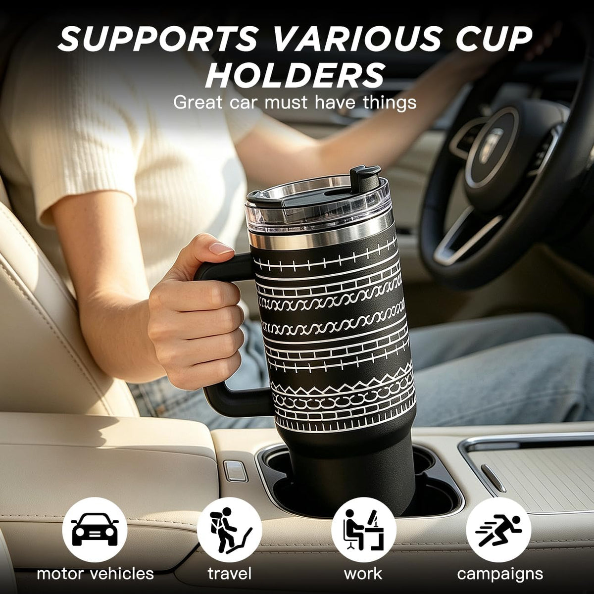 40oz Stainless Steel Insulated Tumbler With Lids And Straws, Travel Tumbler | Black, Large Tumbler With Handles, Hot Cold Coffee Drinking Cup Mug, Water Bottles, Unique Birthday Gift for Women, Men