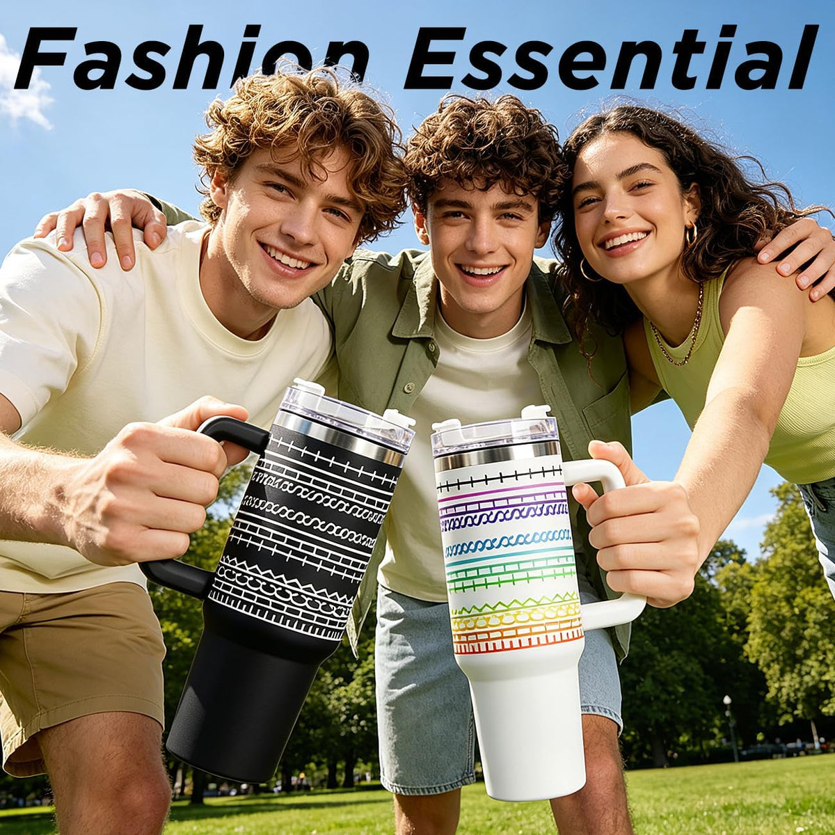 40oz Stainless Steel Insulated Tumbler With Lids And Straws, Travel Tumbler | Black, Large Tumbler With Handles, Hot Cold Coffee Drinking Cup Mug, Water Bottles, Unique Birthday Gift for Women, Men
