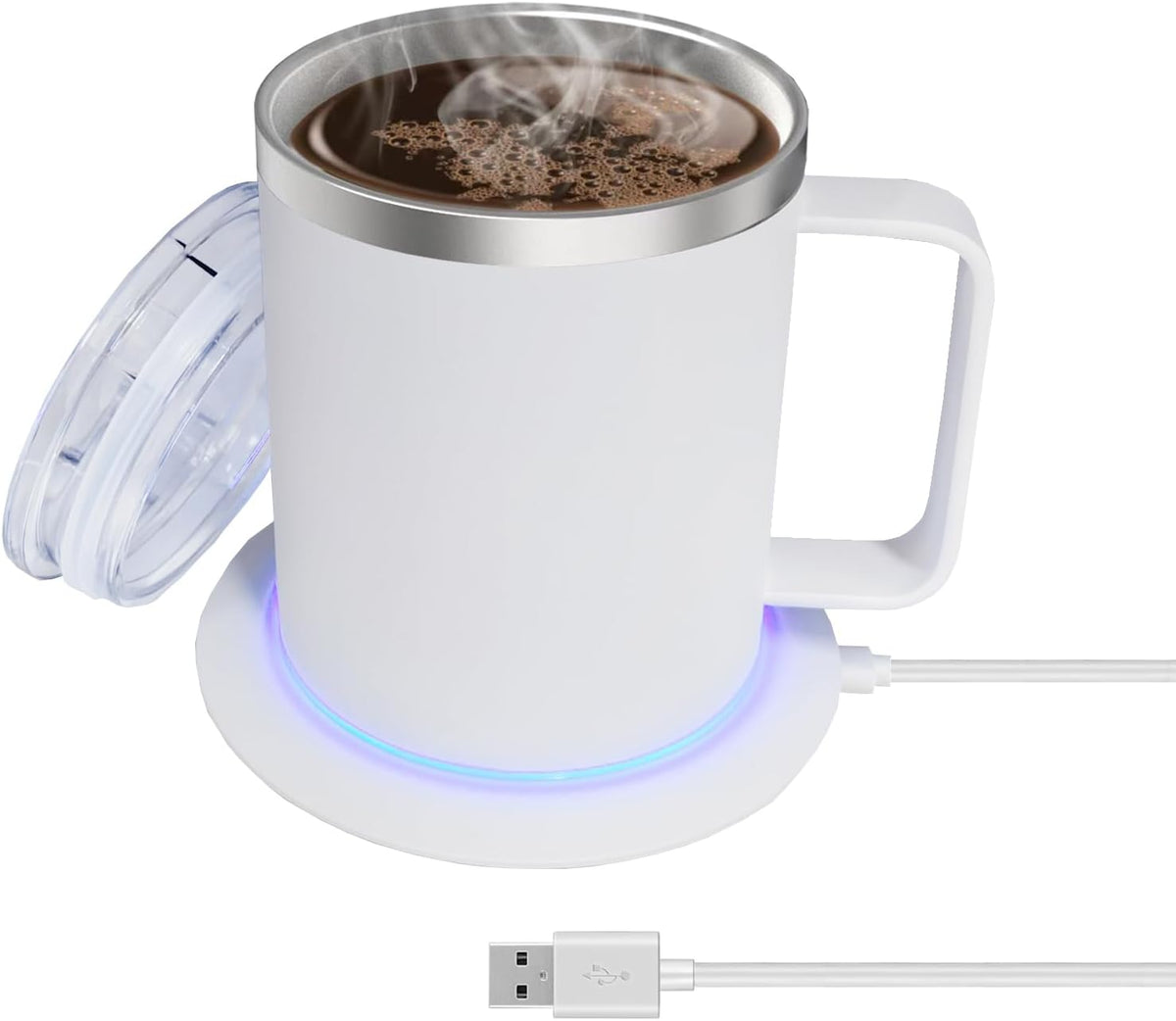 USB Coffee Tea Mug Warmer with 12oz Double-Layer Stainless Steel Insulated Cup and Lid Heating Up to 131°F - 149°F Beverage Espresso Heater Set for Desk Home Office (White)