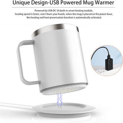 USB Coffee Tea Mug Warmer with 12oz Double-Layer Stainless Steel Insulated Cup and Lid Heating Up to 131°F - 149°F Beverage Espresso Heater Set for Desk Home Office (White)