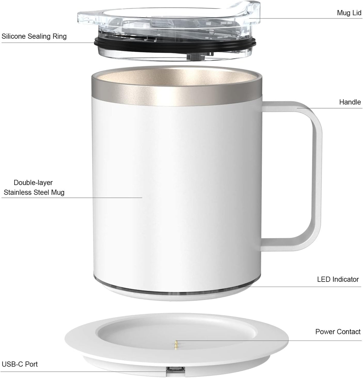 USB Coffee Tea Mug Warmer with 12oz Double-Layer Stainless Steel Insulated Cup and Lid Heating Up to 131°F - 149°F Beverage Espresso Heater Set for Desk Home Office (White)