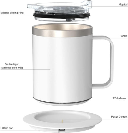 USB Coffee Tea Mug Warmer with 12oz Double-Layer Stainless Steel Insulated Cup and Lid Heating Up to 131°F - 149°F Beverage Espresso Heater Set for Desk Home Office (White)