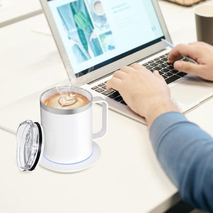 USB Coffee Tea Mug Warmer with 12oz Double-Layer Stainless Steel Insulated Cup and Lid Heating Up to 131°F - 149°F Beverage Espresso Heater Set for Desk Home Office (White)