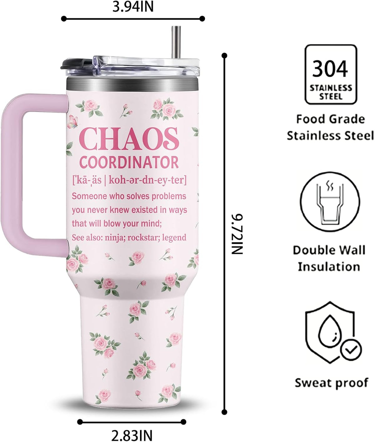 40oz Chaos Coordinator Tumbler with Handle, Funny Gifts for Women Coworker - Insulated Boss Travel Mug, Coffee Tumbler for Office Manager/Administrative Assistant/Secretary Appreciation Christmas Gift