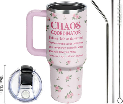 40oz Chaos Coordinator Tumbler with Handle, Funny Gifts for Women Coworker - Insulated Boss Travel Mug, Coffee Tumbler for Office Manager/Administrative Assistant/Secretary Appreciation Christmas Gift