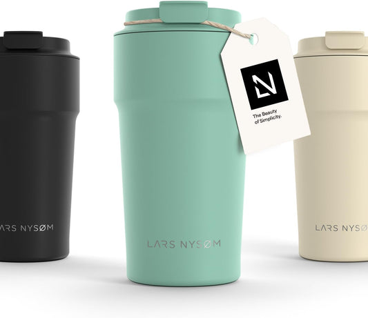 LARS NYSØM Thermo Coffee Mug to go 17oz | Travel Mug 0.5 Liter with Insulation | Silicone grip base | Leak Proof Stainless Steel Tumbler for Coffee and Tea on the Go (Powder Midnight Blue, 17oz)