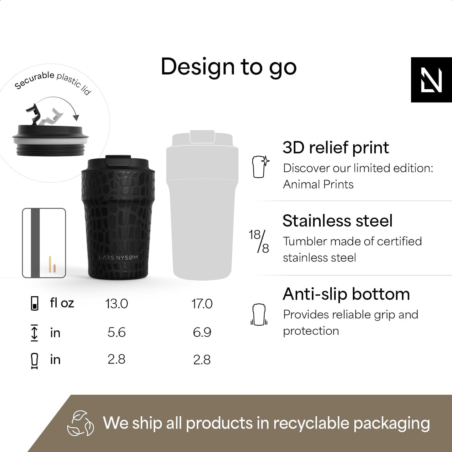 LARS NYSØM Thermo Coffee Mug to go 17oz | Travel Mug 0.5 Liter with Insulation | Silicone grip base | Leak Proof Stainless Steel Tumbler for Coffee and Tea on the Go (Powder Midnight Blue, 17oz)
