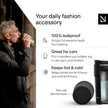 LARS NYSØM Thermo Coffee Mug to go 17oz | Travel Mug 0.5 Liter with Insulation | Silicone grip base | Leak Proof Stainless Steel Tumbler for Coffee and Tea on the Go (Powder Midnight Blue, 17oz)