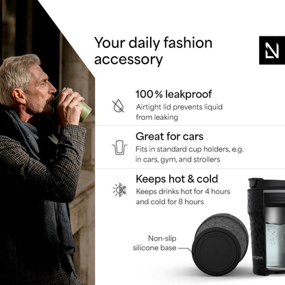 LARS NYSØM Thermo Coffee Mug to go 17oz | Travel Mug 0.5 Liter with Insulation | Silicone grip base | Leak Proof Stainless Steel Tumbler for Coffee and Tea on the Go (Powder Midnight Blue, 17oz)