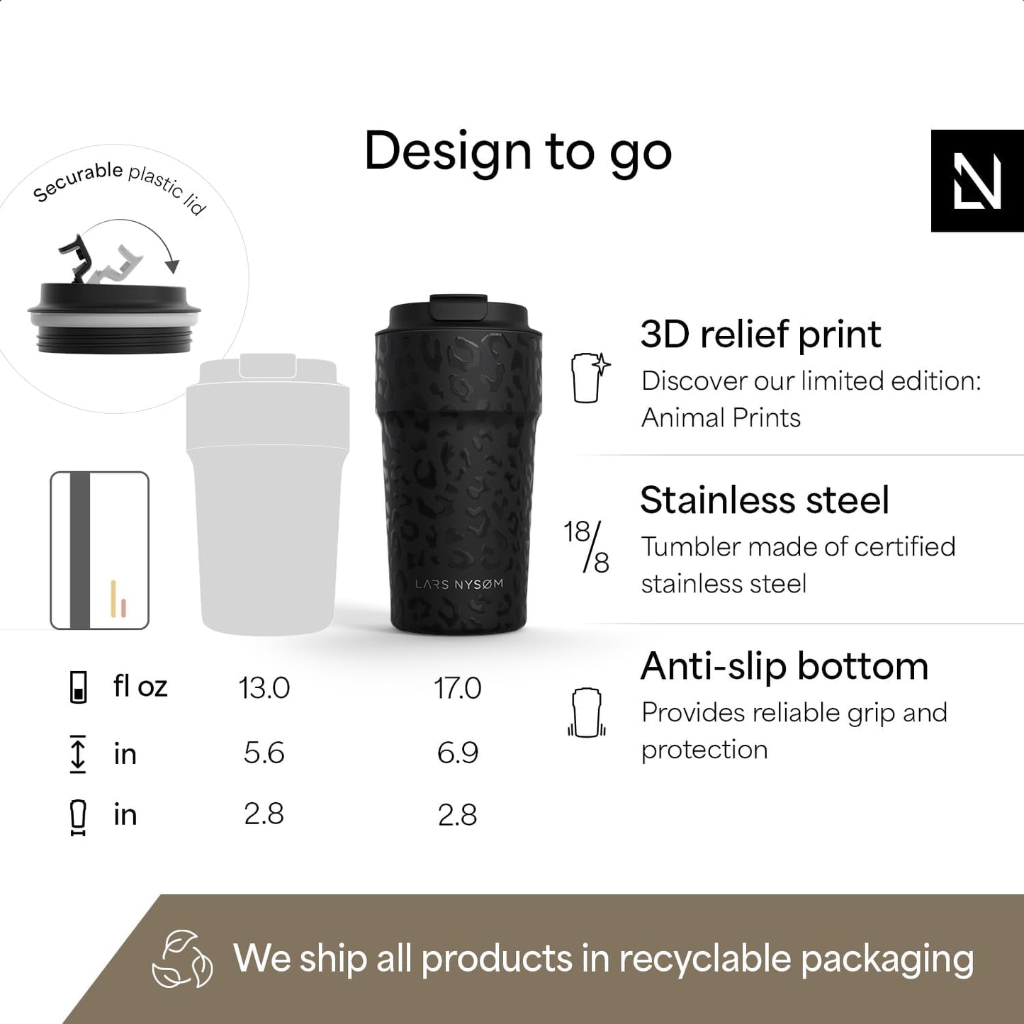 LARS NYSØM Thermo Coffee Mug to go 17oz | Travel Mug 0.5 Liter with Insulation | Silicone grip base | Leak Proof Stainless Steel Tumbler for Coffee and Tea on the Go (Powder Midnight Blue, 17oz)