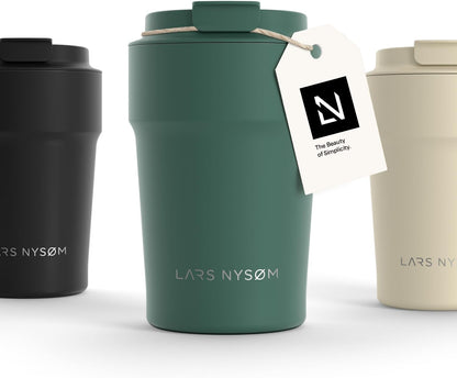 LARS NYSØM Thermo Coffee Mug to go 17oz | Travel Mug 0.5 Liter with Insulation | Silicone grip base | Leak Proof Stainless Steel Tumbler for Coffee and Tea on the Go (Powder Midnight Blue, 17oz)