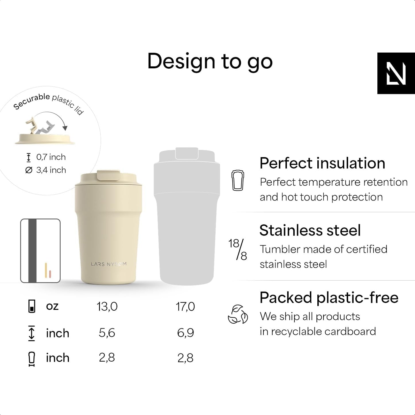 LARS NYSØM Thermo Coffee Mug to go 17oz | Travel Mug 0.5 Liter with Insulation | Silicone grip base | Leak Proof Stainless Steel Tumbler for Coffee and Tea on the Go (Powder Midnight Blue, 17oz)