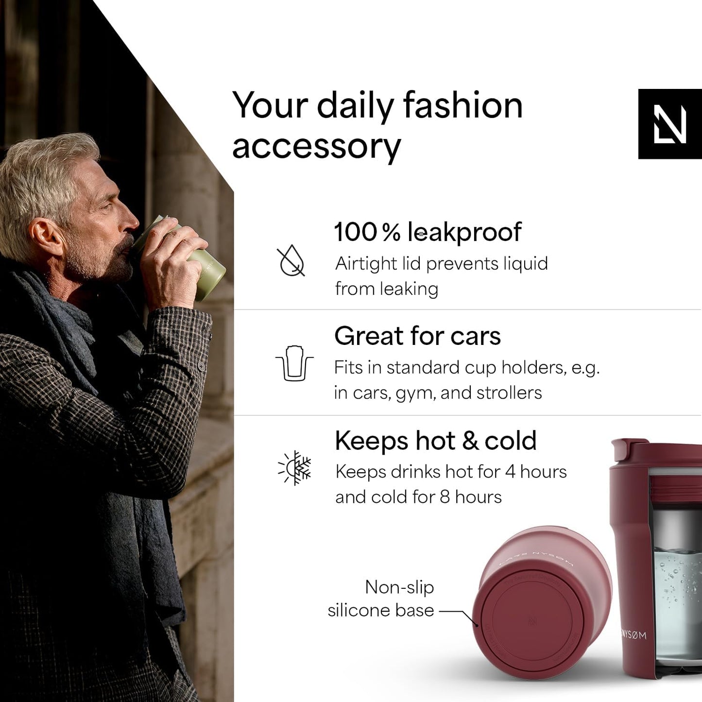 LARS NYSØM Thermo Coffee Mug to go 17oz | Travel Mug 0.5 Liter with Insulation | Silicone grip base | Leak Proof Stainless Steel Tumbler for Coffee and Tea on the Go (Powder Midnight Blue, 17oz)