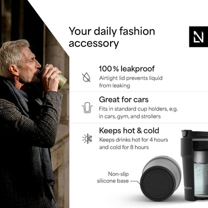 LARS NYSØM Thermo Coffee Mug to go 17oz | Travel Mug 0.5 Liter with Insulation | Silicone grip base | Leak Proof Stainless Steel Tumbler for Coffee and Tea on the Go (Powder Midnight Blue, 17oz)