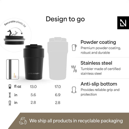 LARS NYSØM Thermo Coffee Mug to go 17oz | Travel Mug 0.5 Liter with Insulation | Silicone grip base | Leak Proof Stainless Steel Tumbler for Coffee and Tea on the Go (Powder Midnight Blue, 17oz)