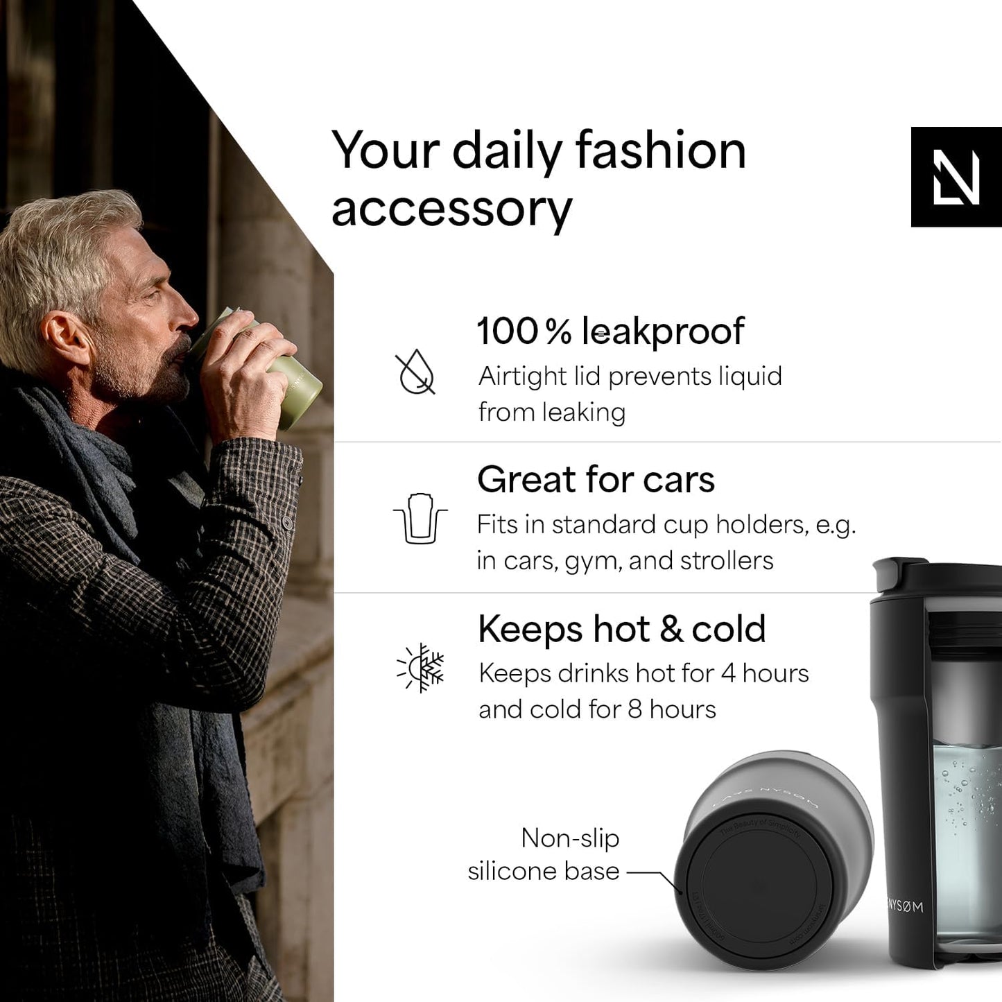 LARS NYSØM Thermo Coffee Mug to go 17oz | Travel Mug 0.5 Liter with Insulation | Silicone grip base | Leak Proof Stainless Steel Tumbler for Coffee and Tea on the Go (Powder Midnight Blue, 17oz)