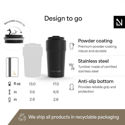 LARS NYSØM Thermo Coffee Mug to go 17oz | Travel Mug 0.5 Liter with Insulation | Silicone grip base | Leak Proof Stainless Steel Tumbler for Coffee and Tea on the Go (Powder Midnight Blue, 17oz)