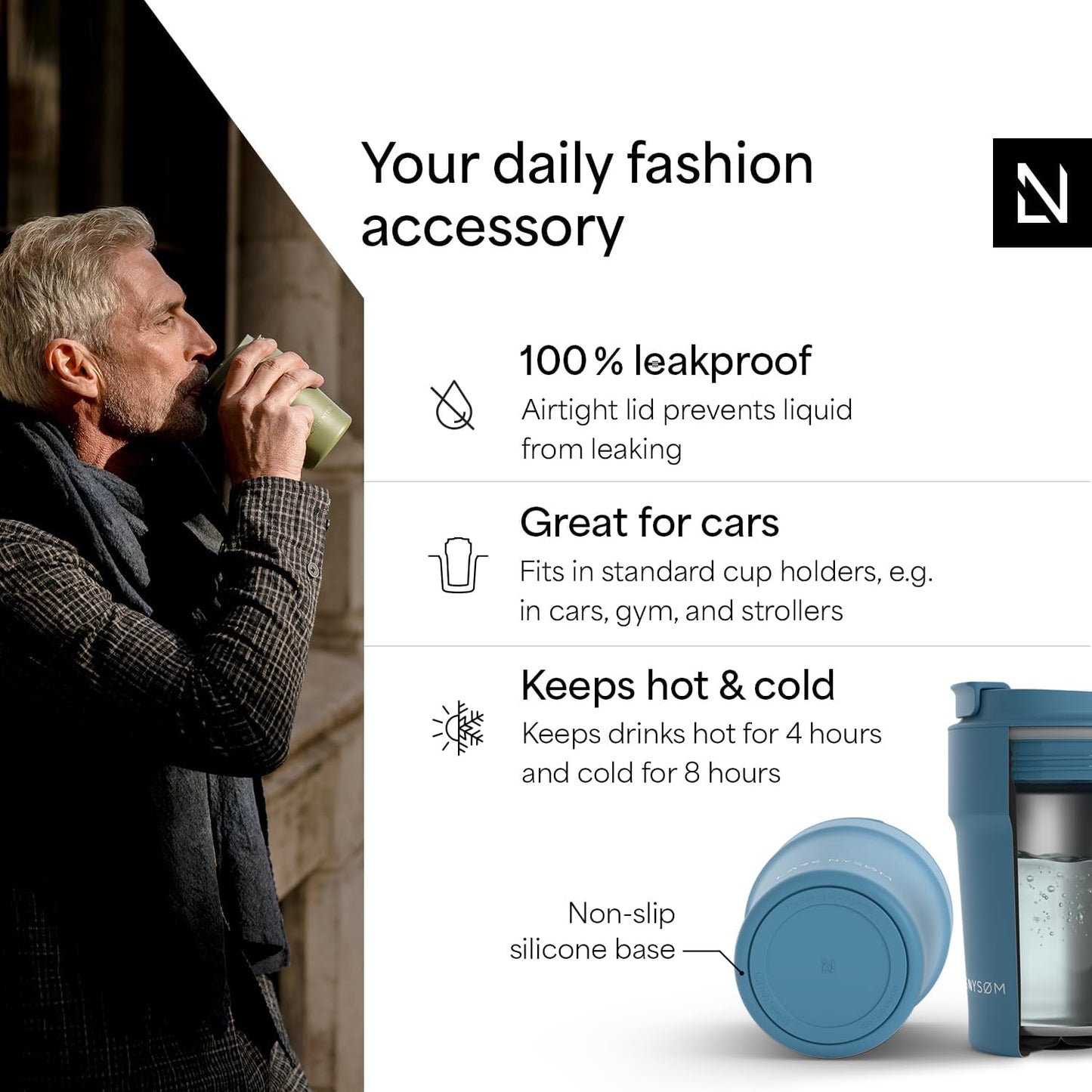 LARS NYSØM Thermo Coffee Mug to go 17oz | Travel Mug 0.5 Liter with Insulation | Silicone grip base | Leak Proof Stainless Steel Tumbler for Coffee and Tea on the Go (Powder Midnight Blue, 17oz)
