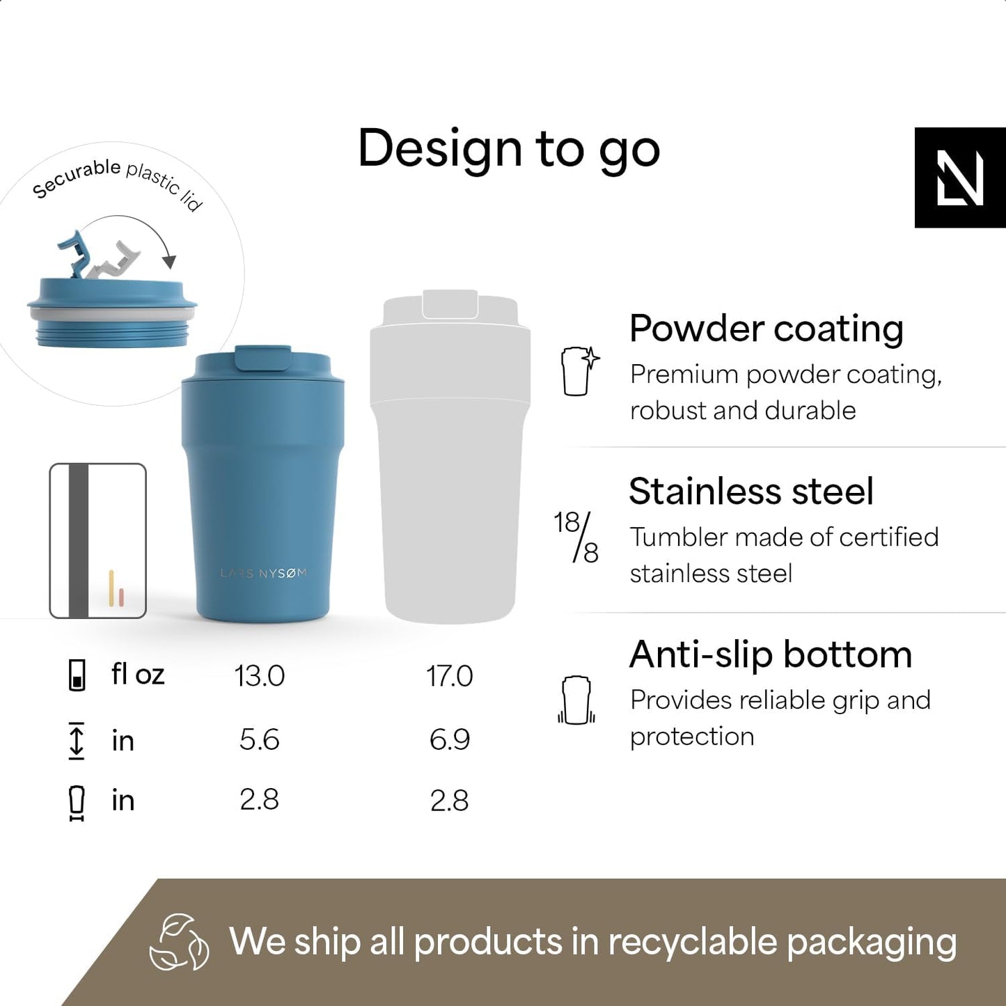 LARS NYSØM Thermo Coffee Mug to go 17oz | Travel Mug 0.5 Liter with Insulation | Silicone grip base | Leak Proof Stainless Steel Tumbler for Coffee and Tea on the Go (Powder Midnight Blue, 17oz)