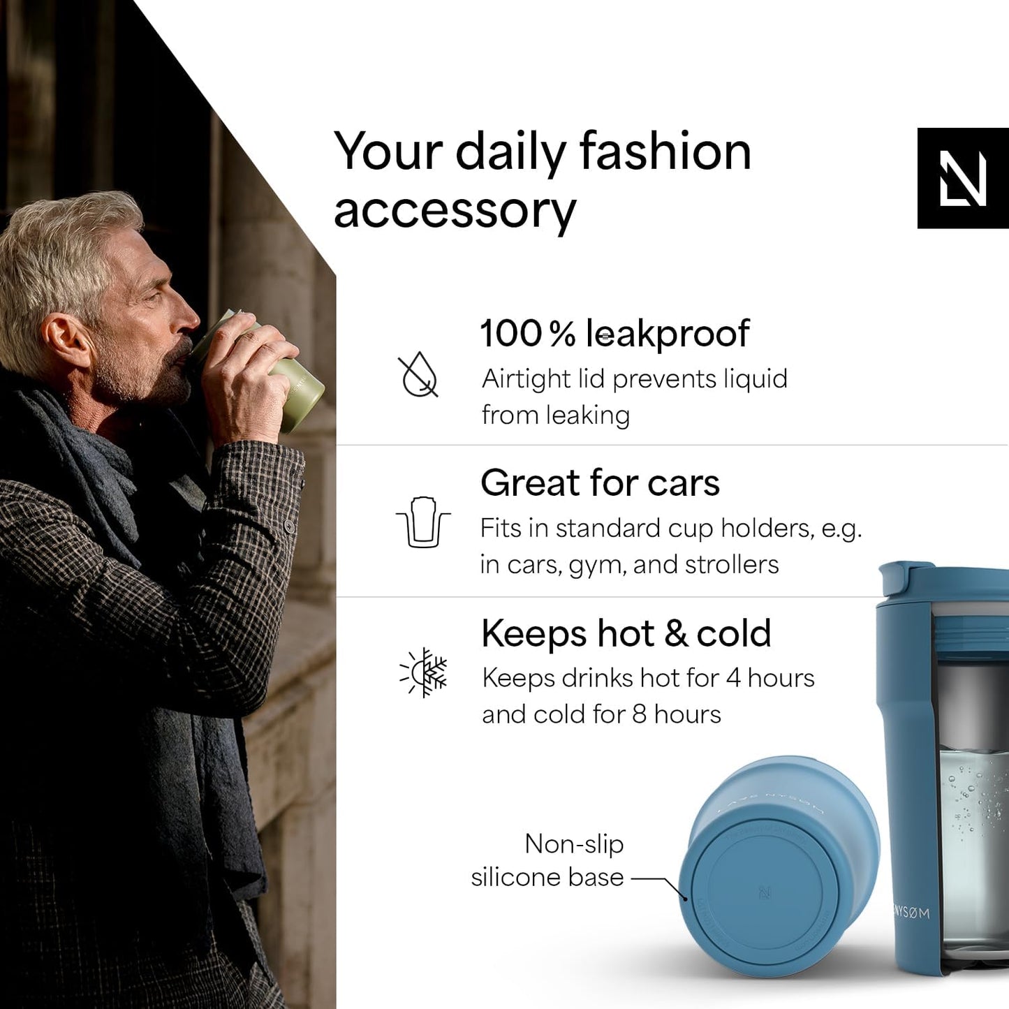 LARS NYSØM Thermo Coffee Mug to go 17oz | Travel Mug 0.5 Liter with Insulation | Silicone grip base | Leak Proof Stainless Steel Tumbler for Coffee and Tea on the Go (Powder Midnight Blue, 17oz)
