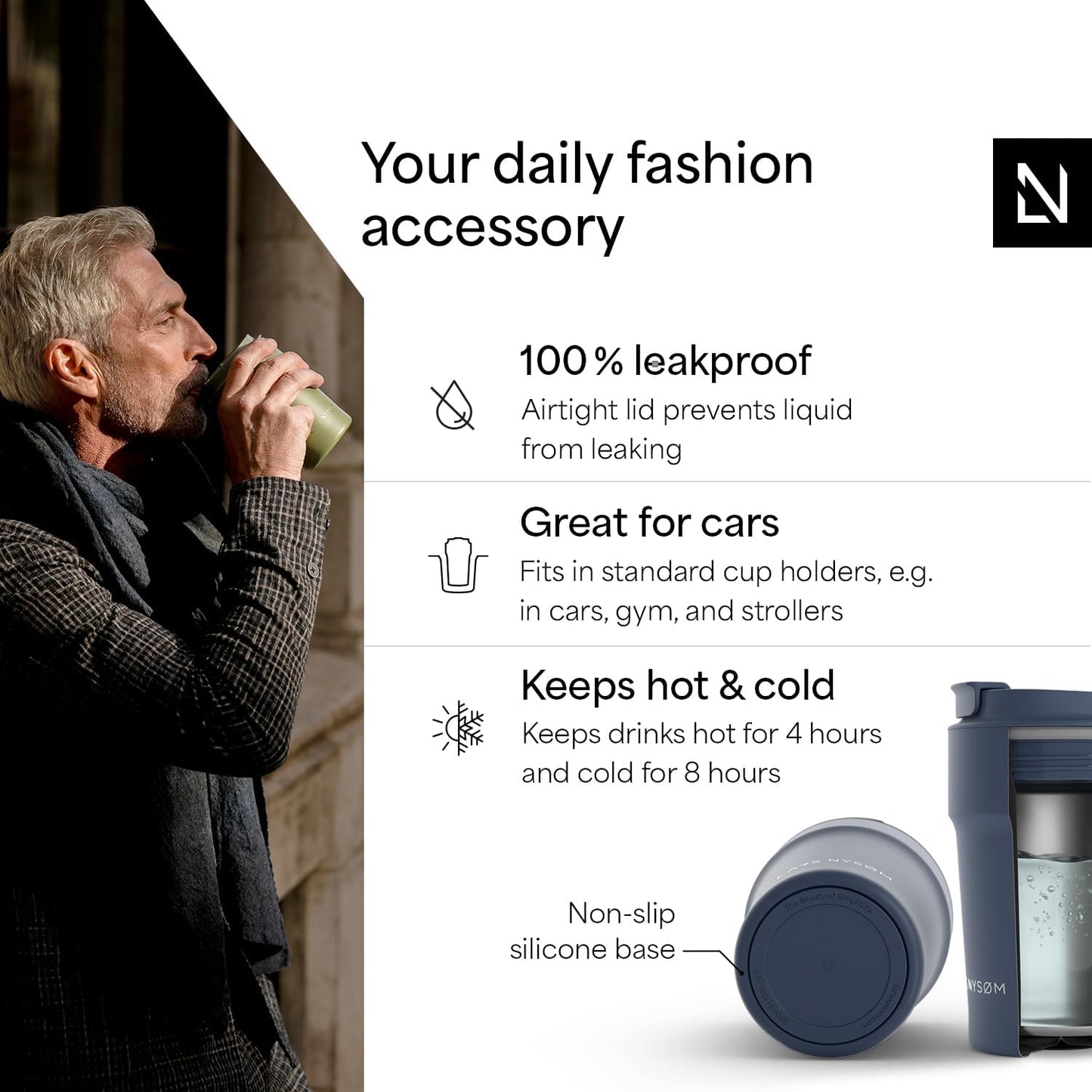 LARS NYSØM Thermo Coffee Mug to go 17oz | Travel Mug 0.5 Liter with Insulation | Silicone grip base | Leak Proof Stainless Steel Tumbler for Coffee and Tea on the Go (Powder Midnight Blue, 17oz)