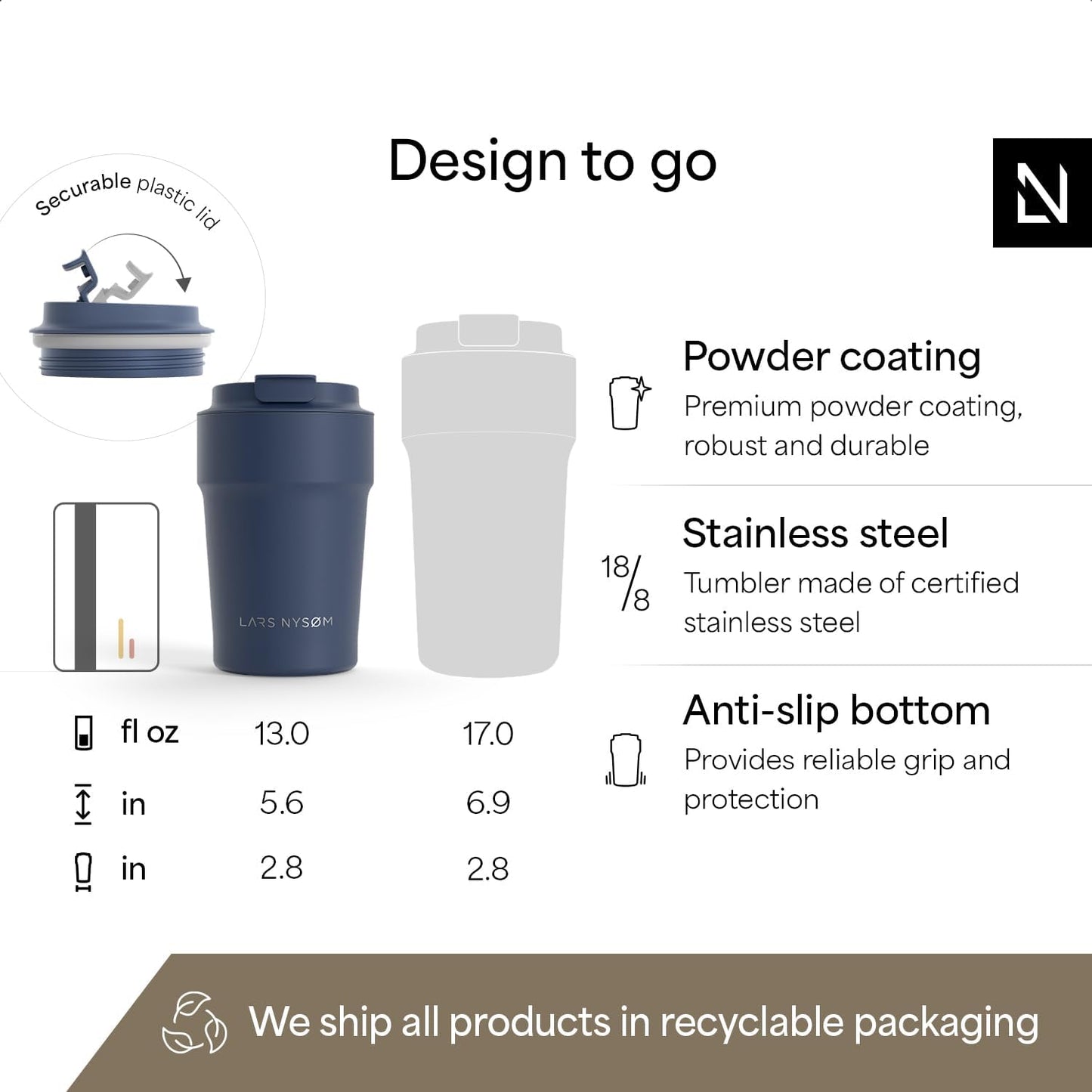 LARS NYSØM Thermo Coffee Mug to go 17oz | Travel Mug 0.5 Liter with Insulation | Silicone grip base | Leak Proof Stainless Steel Tumbler for Coffee and Tea on the Go (Powder Midnight Blue, 17oz)