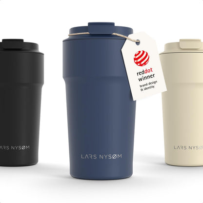LARS NYSØM Thermo Coffee Mug to go 17oz | Travel Mug 0.5 Liter with Insulation | Silicone grip base | Leak Proof Stainless Steel Tumbler for Coffee and Tea on the Go (Powder Midnight Blue, 17oz)