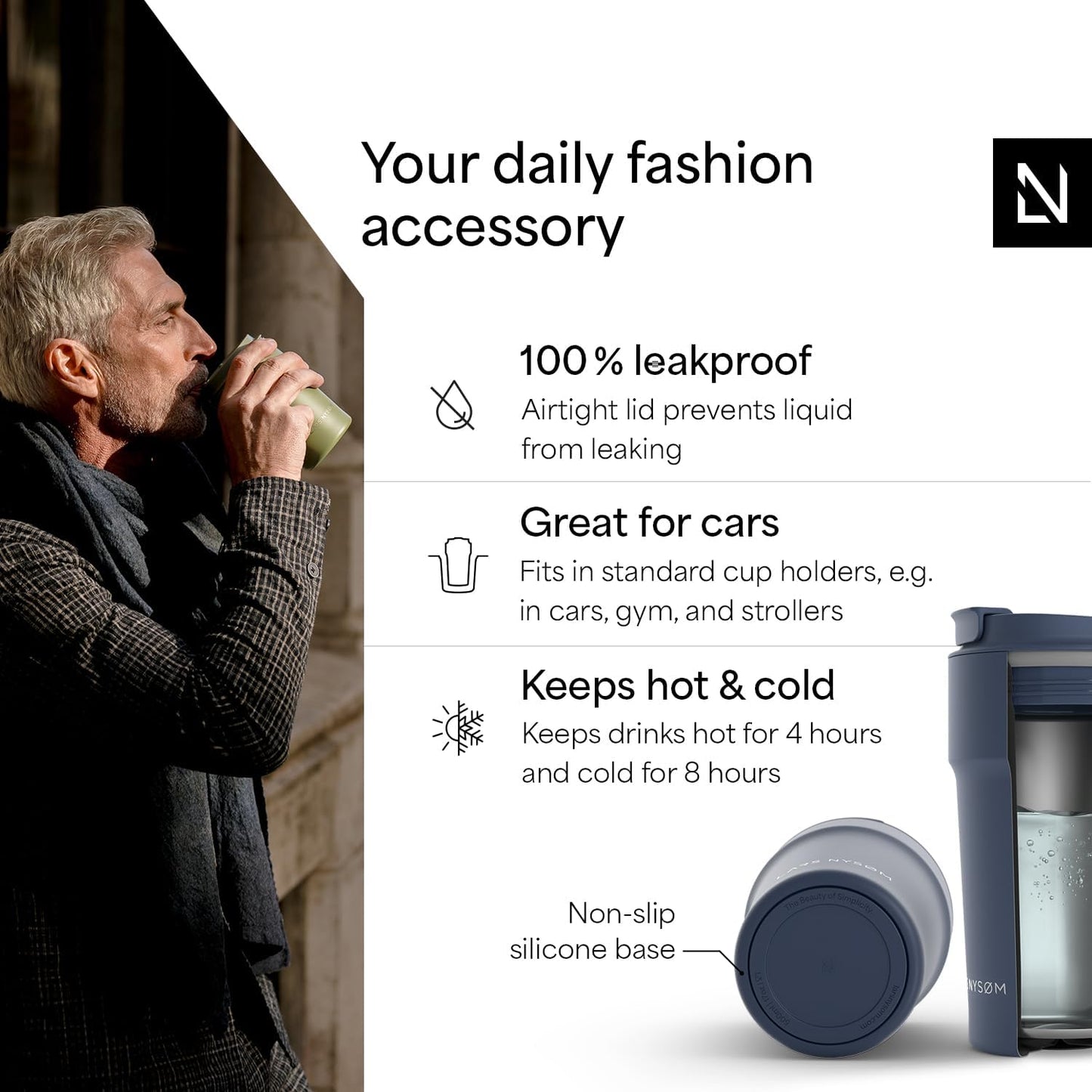 LARS NYSØM Thermo Coffee Mug to go 17oz | Travel Mug 0.5 Liter with Insulation | Silicone grip base | Leak Proof Stainless Steel Tumbler for Coffee and Tea on the Go (Powder Midnight Blue, 17oz)