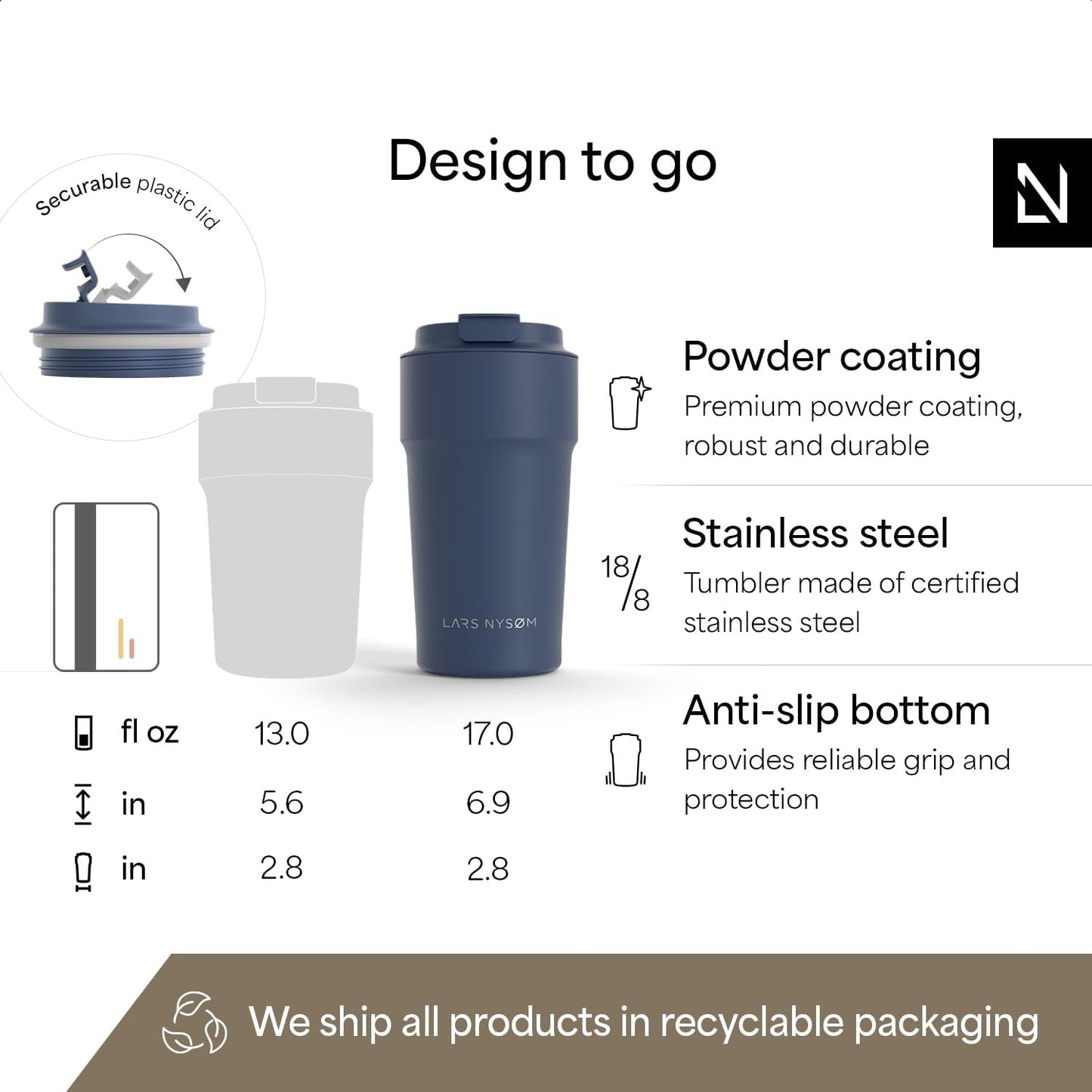 LARS NYSØM Thermo Coffee Mug to go 17oz | Travel Mug 0.5 Liter with Insulation | Silicone grip base | Leak Proof Stainless Steel Tumbler for Coffee and Tea on the Go (Powder Midnight Blue, 17oz)