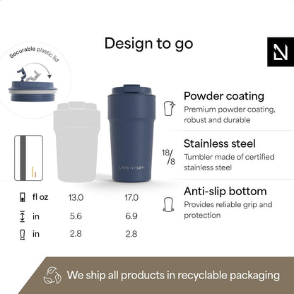 LARS NYSØM Thermo Coffee Mug to go 17oz | Travel Mug 0.5 Liter with Insulation | Silicone grip base | Leak Proof Stainless Steel Tumbler for Coffee and Tea on the Go (Powder Midnight Blue, 17oz)