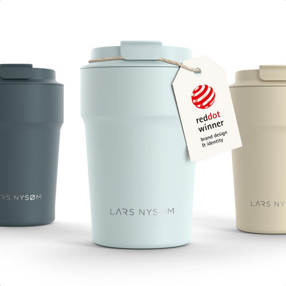LARS NYSØM Thermo Coffee Mug to go 17oz | Travel Mug 0.5 Liter with Insulation | Silicone grip base | Leak Proof Stainless Steel Tumbler for Coffee and Tea on the Go (Powder Midnight Blue, 17oz)