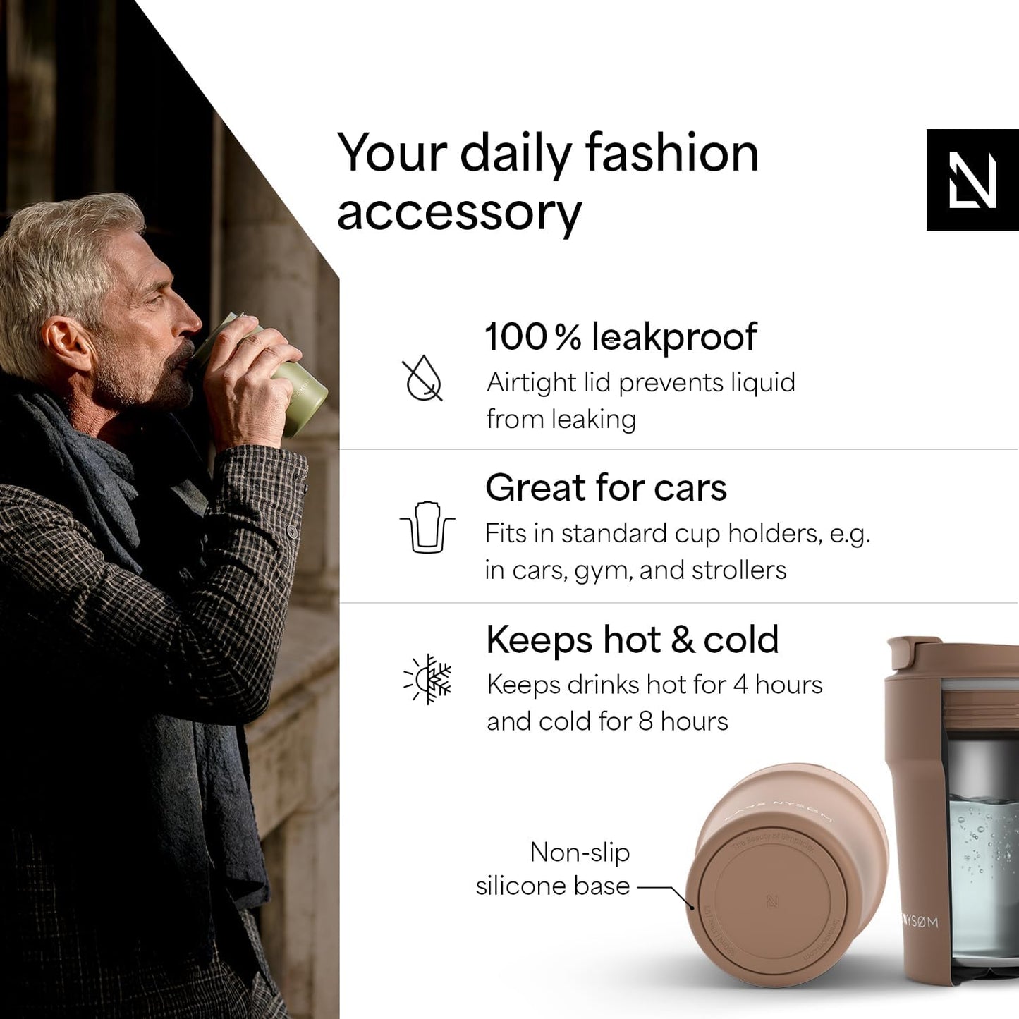 LARS NYSØM Thermo Coffee Mug to go 17oz | Travel Mug 0.5 Liter with Insulation | Silicone grip base | Leak Proof Stainless Steel Tumbler for Coffee and Tea on the Go (Powder Midnight Blue, 17oz)