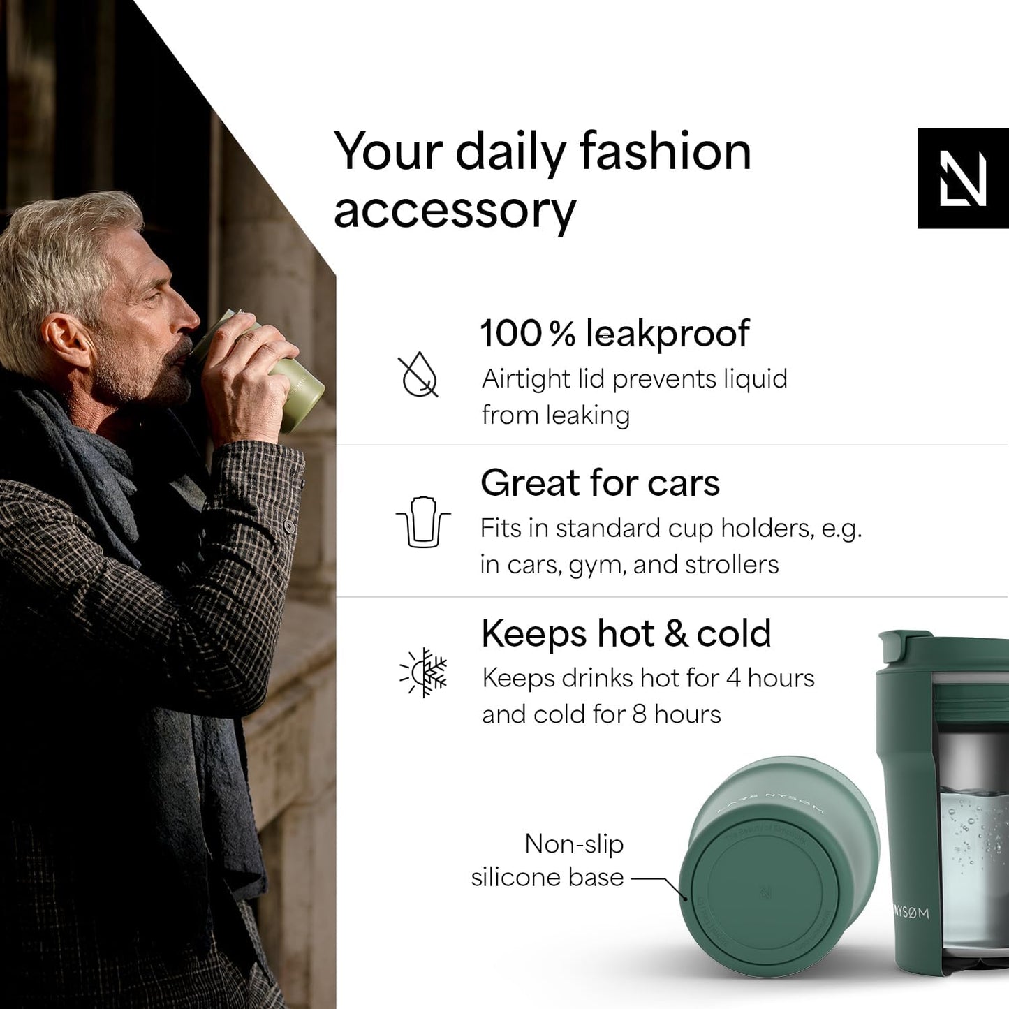 LARS NYSØM Thermo Coffee Mug to go 17oz | Travel Mug 0.5 Liter with Insulation | Silicone grip base | Leak Proof Stainless Steel Tumbler for Coffee and Tea on the Go (Powder Midnight Blue, 17oz)