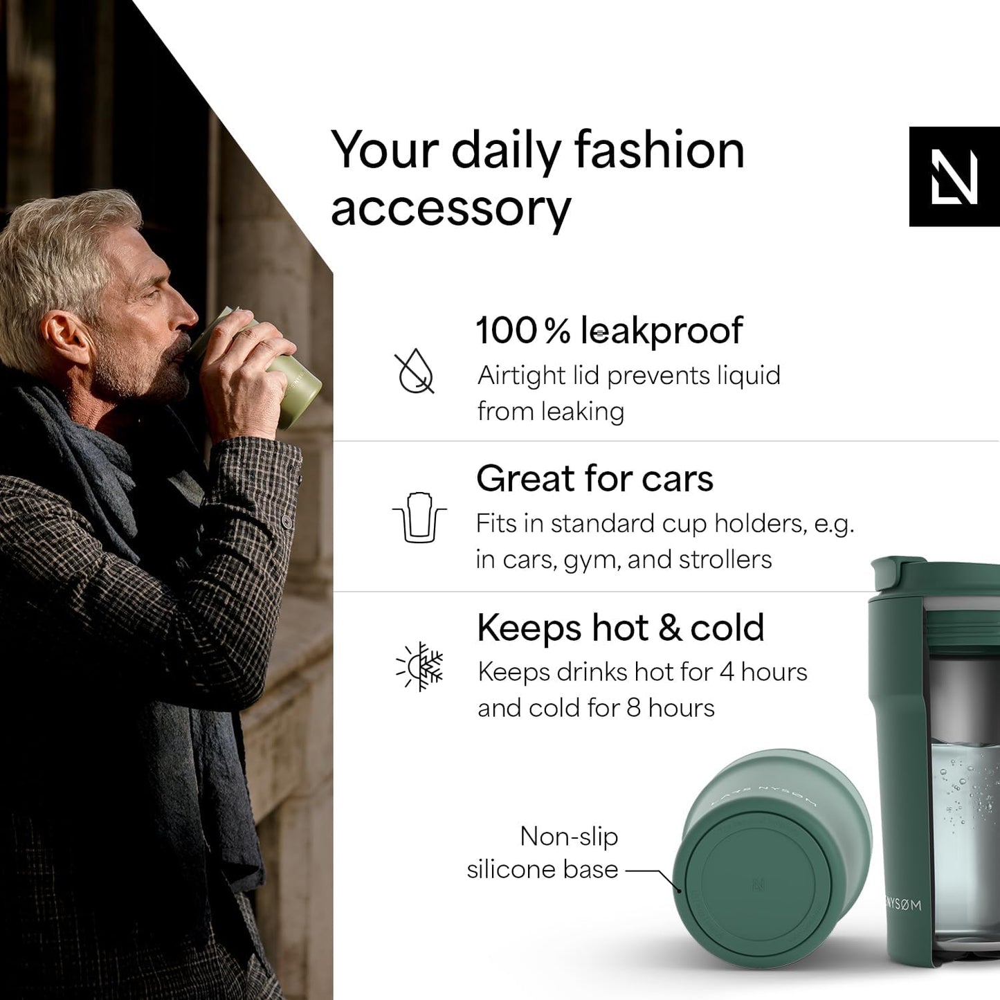 LARS NYSØM Thermo Coffee Mug to go 17oz | Travel Mug 0.5 Liter with Insulation | Silicone grip base | Leak Proof Stainless Steel Tumbler for Coffee and Tea on the Go (Powder Midnight Blue, 17oz)