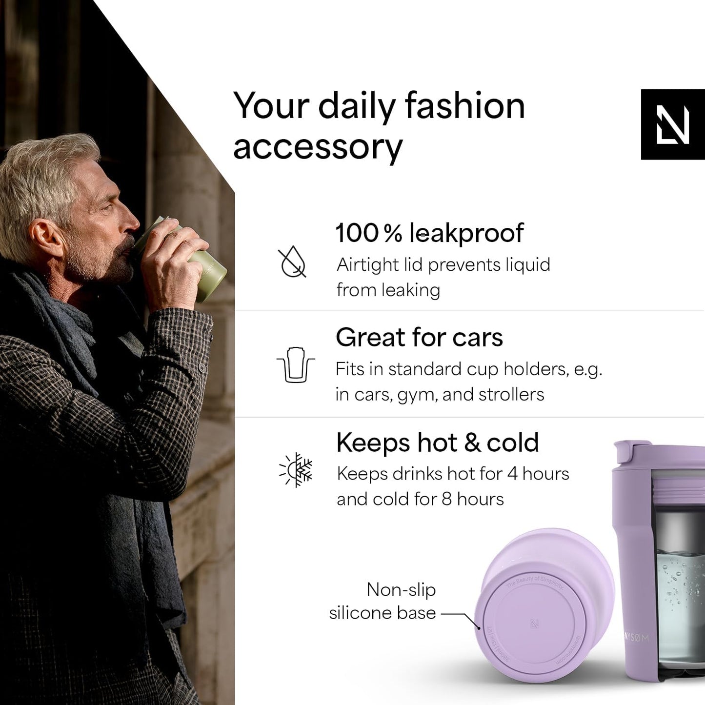 LARS NYSØM Thermo Coffee Mug to go 17oz | Travel Mug 0.5 Liter with Insulation | Silicone grip base | Leak Proof Stainless Steel Tumbler for Coffee and Tea on the Go (Powder Midnight Blue, 17oz)
