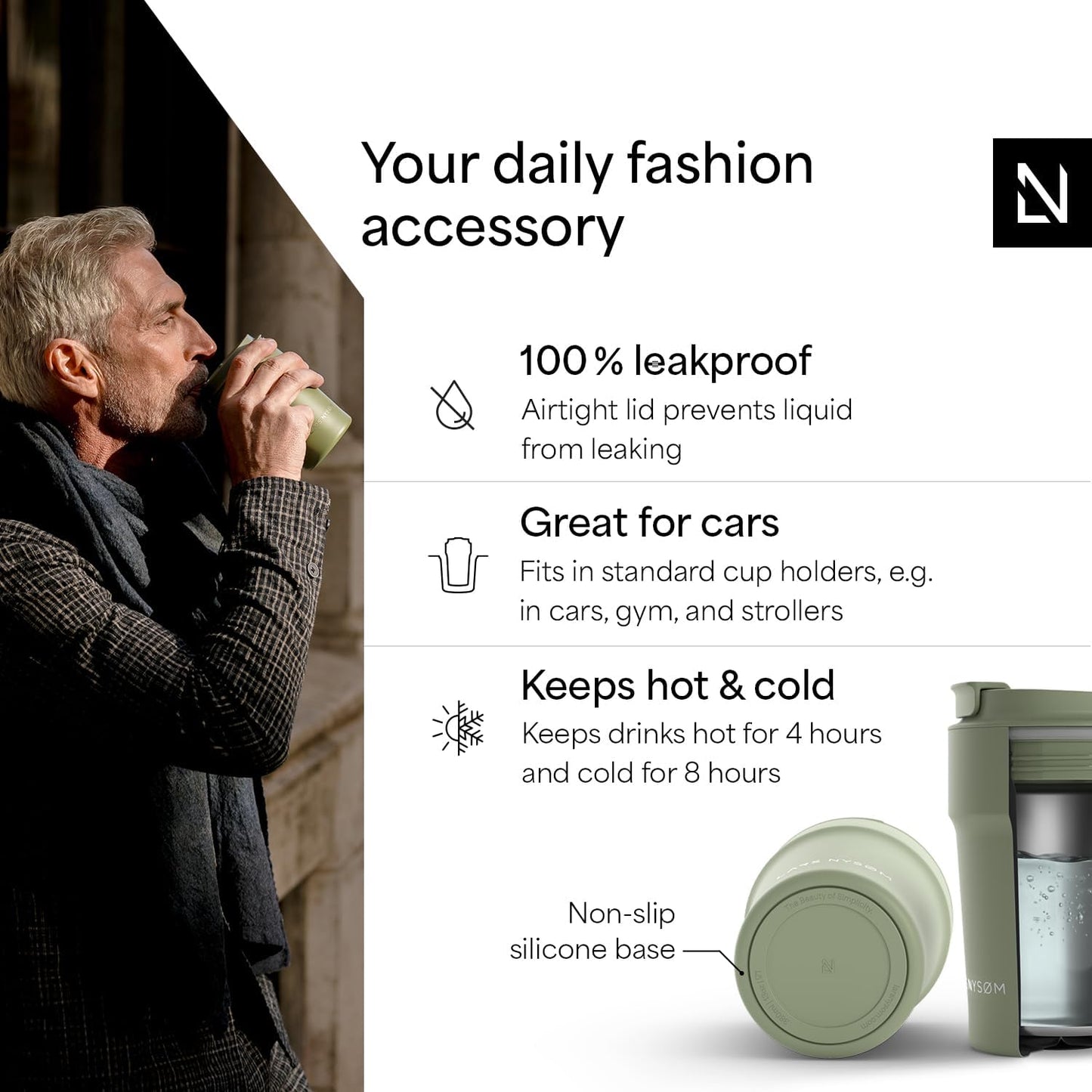 LARS NYSØM Thermo Coffee Mug to go 17oz | Travel Mug 0.5 Liter with Insulation | Silicone grip base | Leak Proof Stainless Steel Tumbler for Coffee and Tea on the Go (Powder Midnight Blue, 17oz)