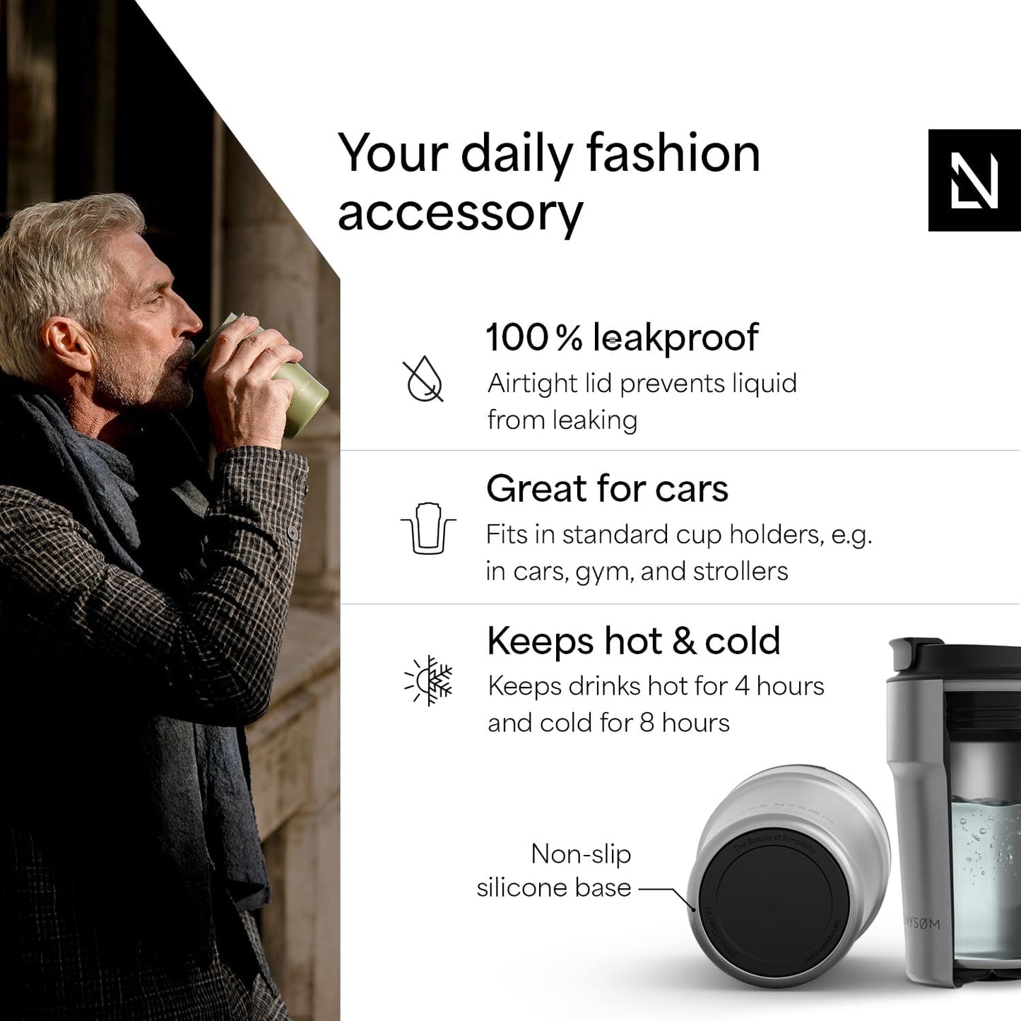 LARS NYSØM Thermo Coffee Mug to go 17oz | Travel Mug 0.5 Liter with Insulation | Silicone grip base | Leak Proof Stainless Steel Tumbler for Coffee and Tea on the Go (Powder Midnight Blue, 17oz)