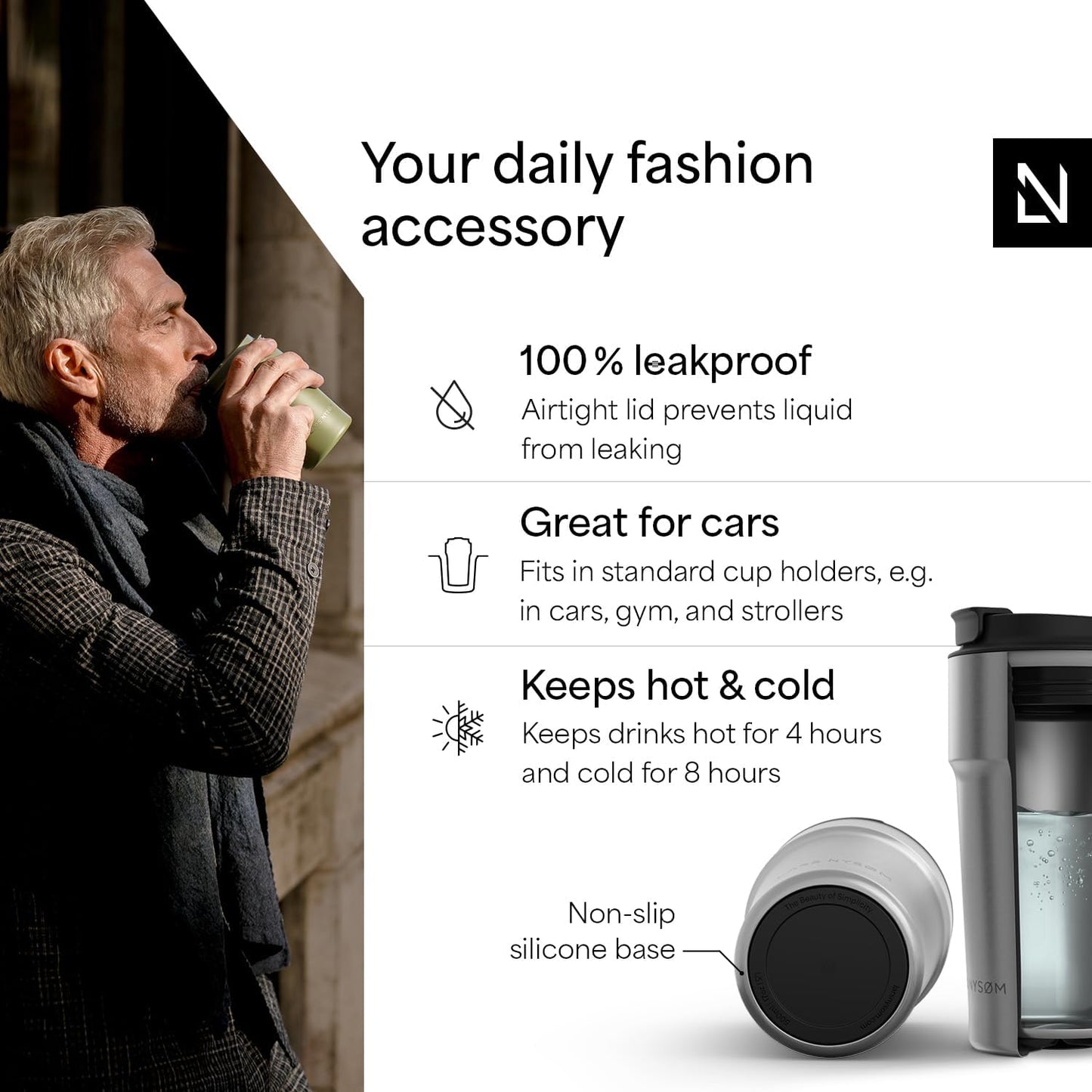 LARS NYSØM Thermo Coffee Mug to go 17oz | Travel Mug 0.5 Liter with Insulation | Silicone grip base | Leak Proof Stainless Steel Tumbler for Coffee and Tea on the Go (Powder Midnight Blue, 17oz)