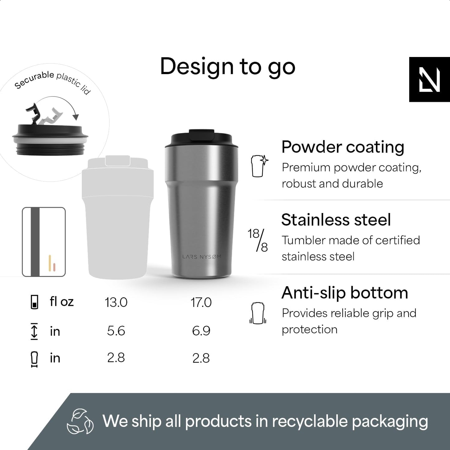 LARS NYSØM Thermo Coffee Mug to go 17oz | Travel Mug 0.5 Liter with Insulation | Silicone grip base | Leak Proof Stainless Steel Tumbler for Coffee and Tea on the Go (Powder Midnight Blue, 17oz)