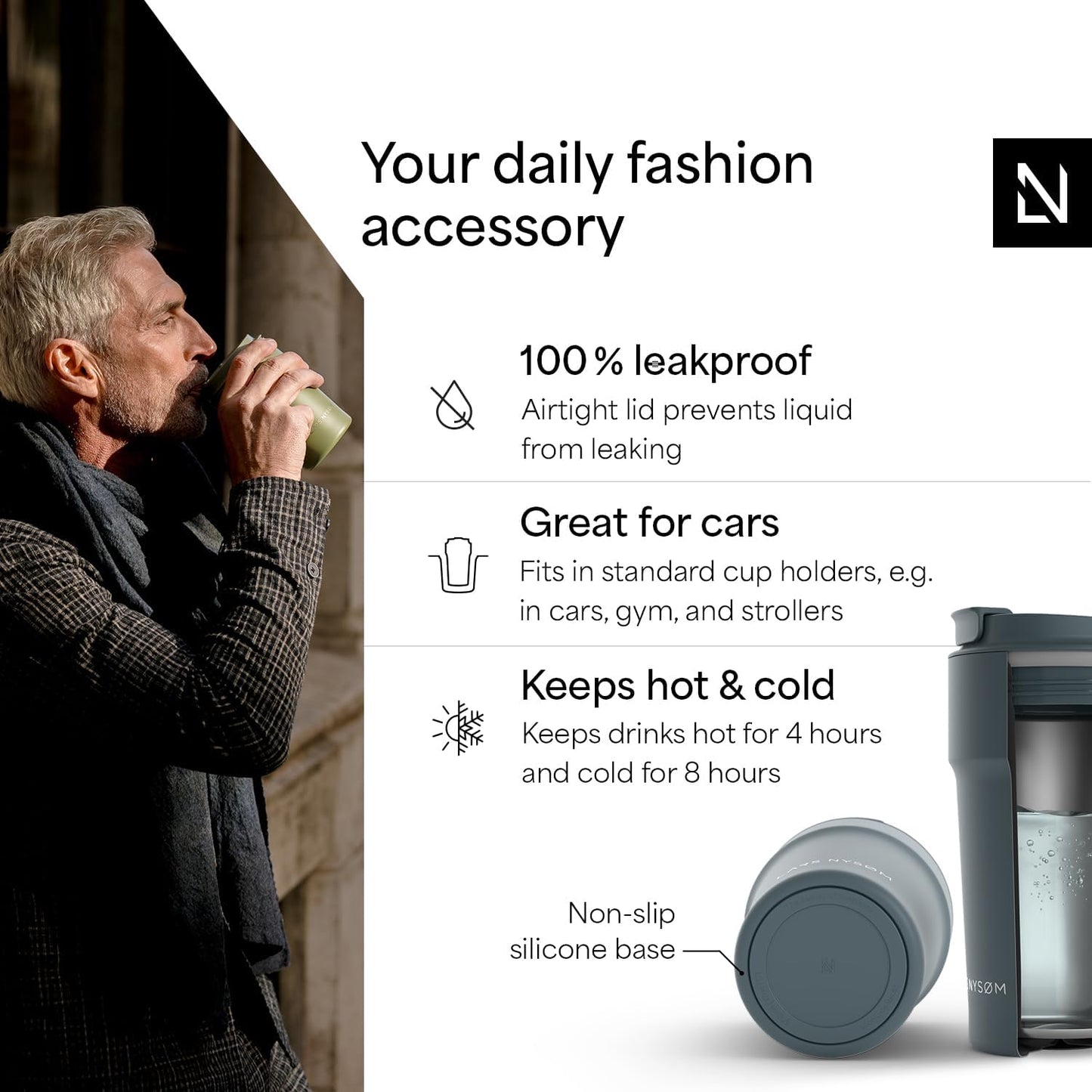 LARS NYSØM Thermo Coffee Mug to go 17oz | Travel Mug 0.5 Liter with Insulation | Silicone grip base | Leak Proof Stainless Steel Tumbler for Coffee and Tea on the Go (Powder Midnight Blue, 17oz)