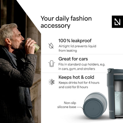 LARS NYSØM Thermo Coffee Mug to go 17oz | Travel Mug 0.5 Liter with Insulation | Silicone grip base | Leak Proof Stainless Steel Tumbler for Coffee and Tea on the Go (Powder Midnight Blue, 17oz)